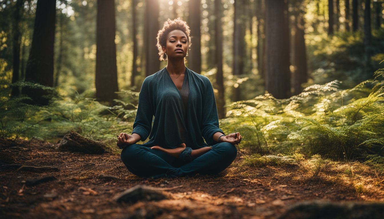 A person meditates in a serene forest clearing surrounded by nature.