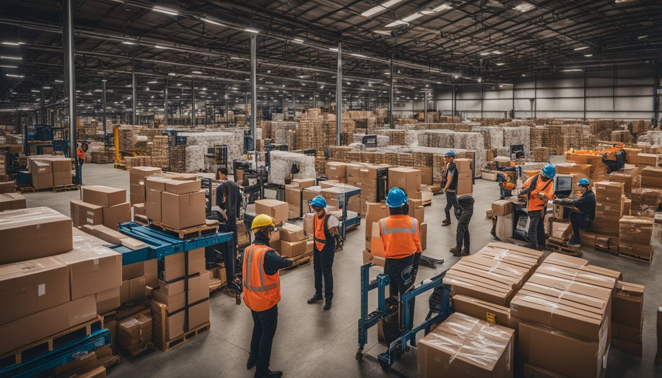 A bustling warehouse with workers managing inventory efficiently.