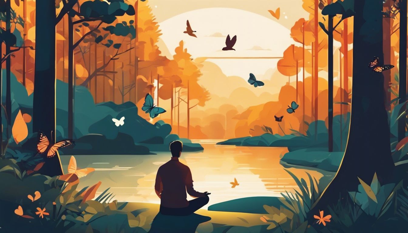 A person sits peacefully in nature, surrounded by birds and butterflies.