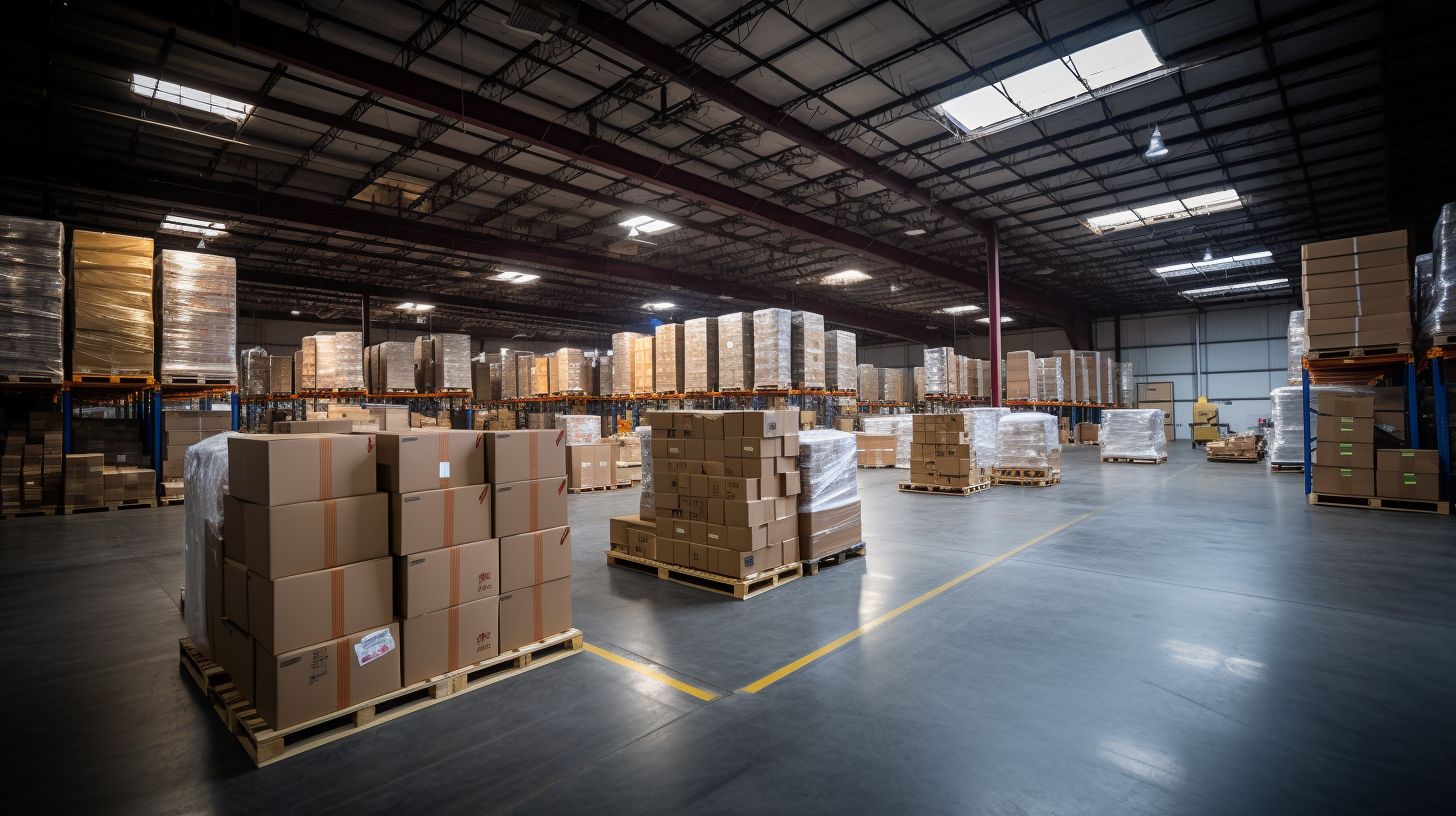 Neatly stacked warehouse packages captured with a wide-angle lens.