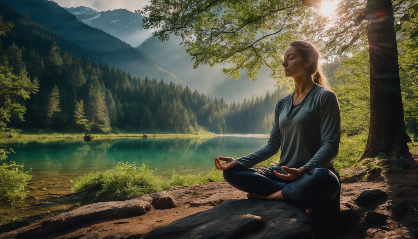 A person meditating in a serene forest clearing surrounded by nature.