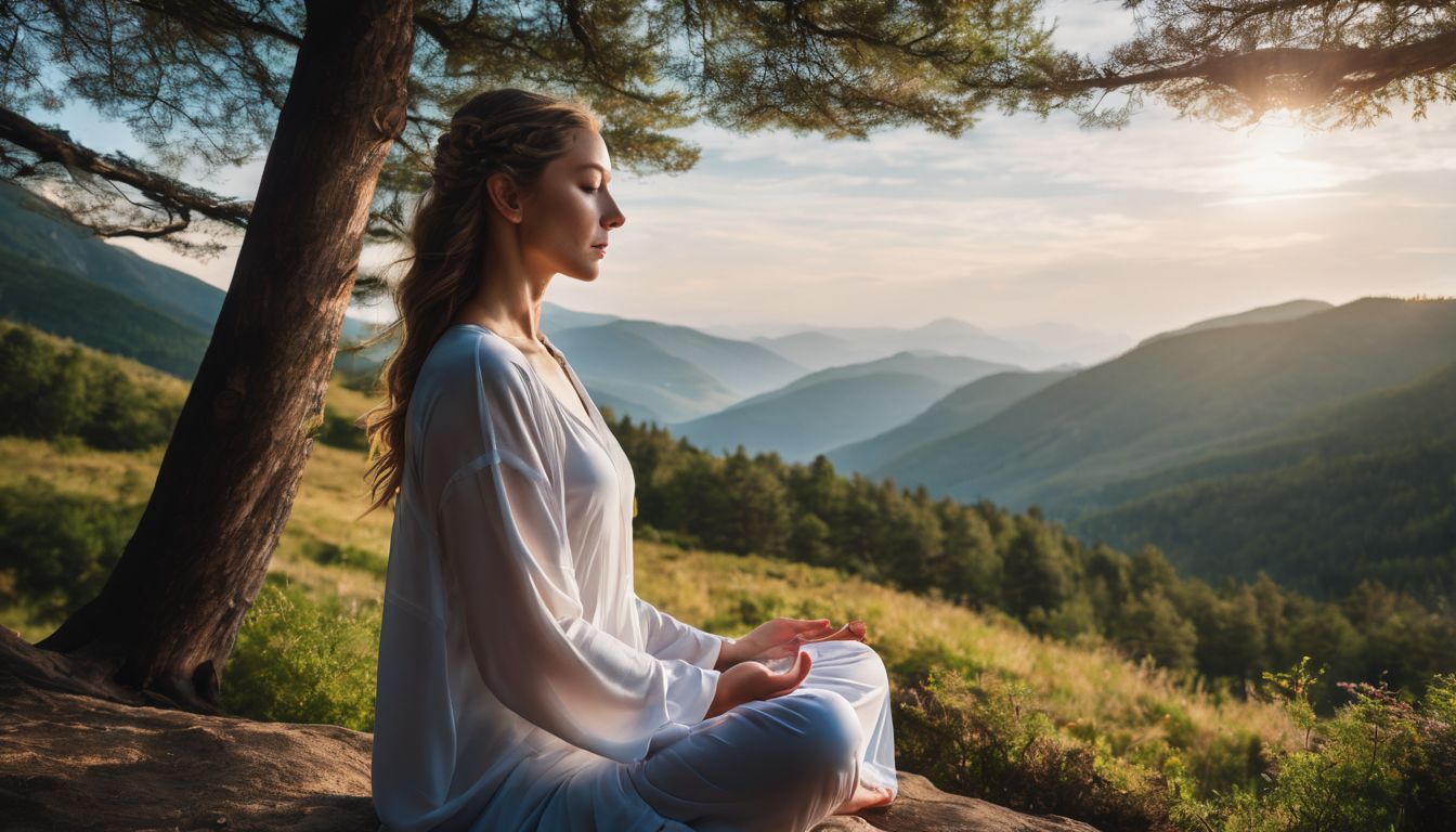 A woman meditating in a peaceful natural landscape.