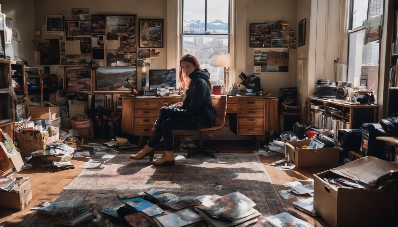A person sitting in a cluttered room surrounded by cityscape photography.