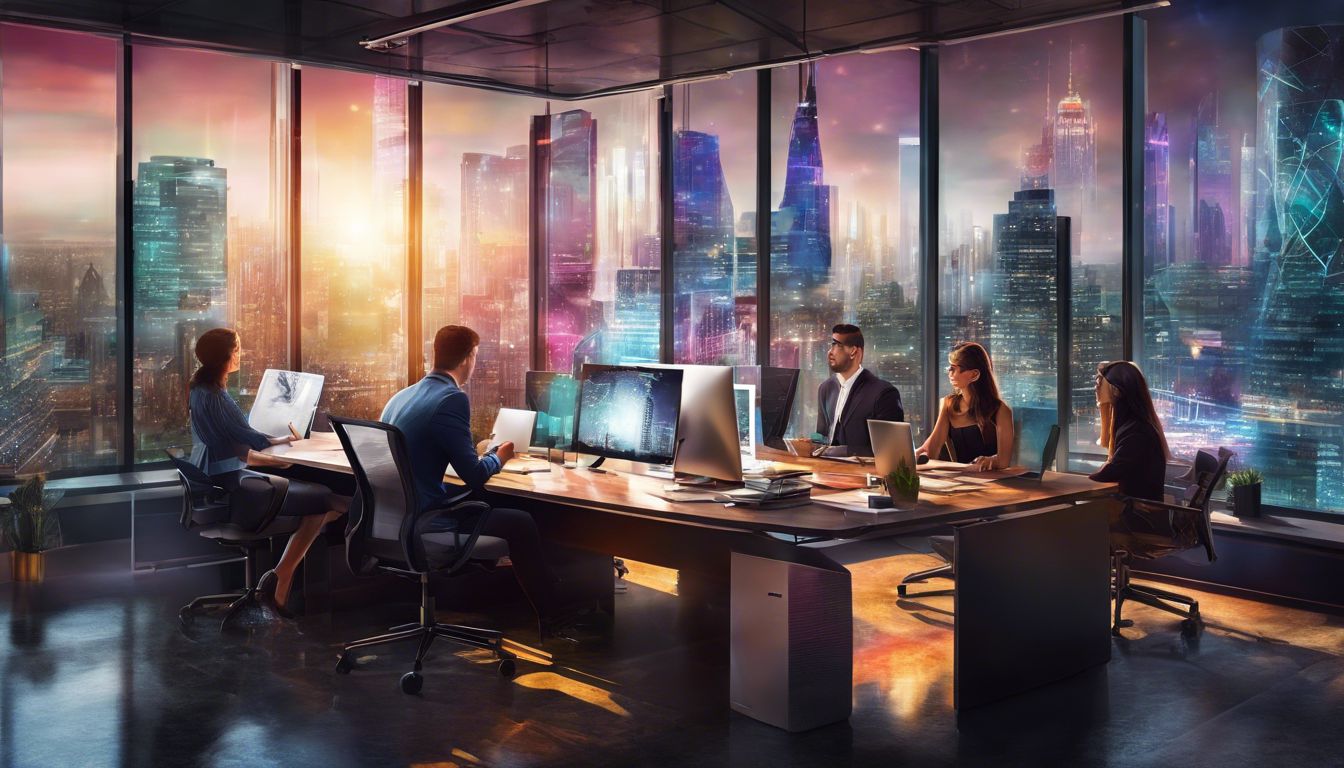 A team of marketing experts brainstorming strategy in a modern office with cityscape views.