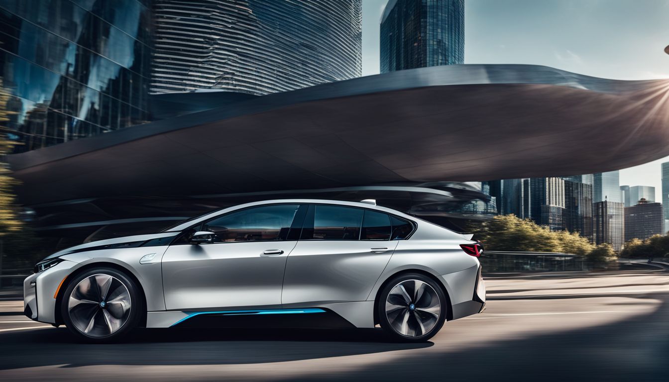 The futuristic BMW i5 electric car driving through a modern city.