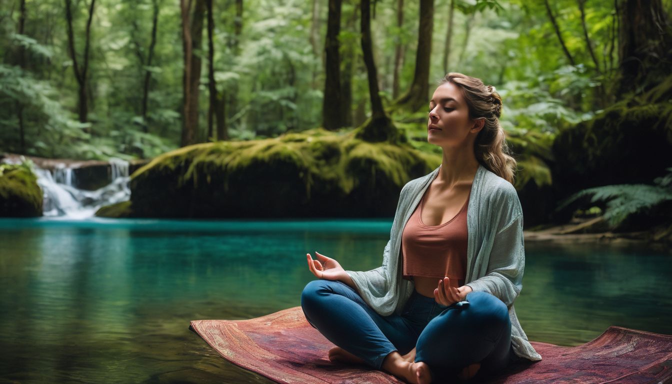 A person meditating in a peaceful forest surrounded by lush green trees.