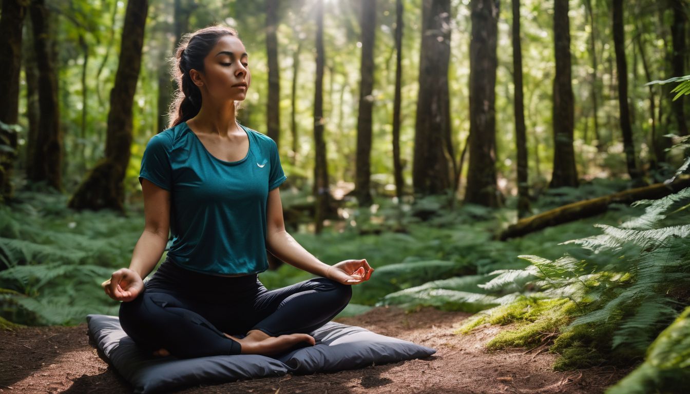 A person meditates in a peaceful forest surrounded by trees.