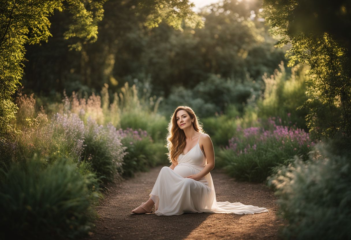 Zdjęcie kobiety w ciąży w spokojnym ogrodzie otoczonym naturą.