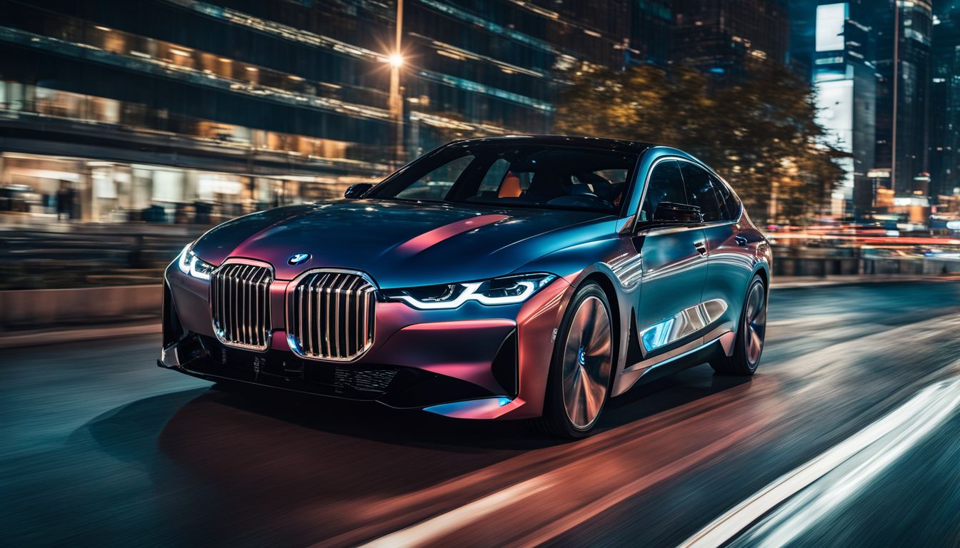A sleek BMW i7 electric car driving through a bustling city.