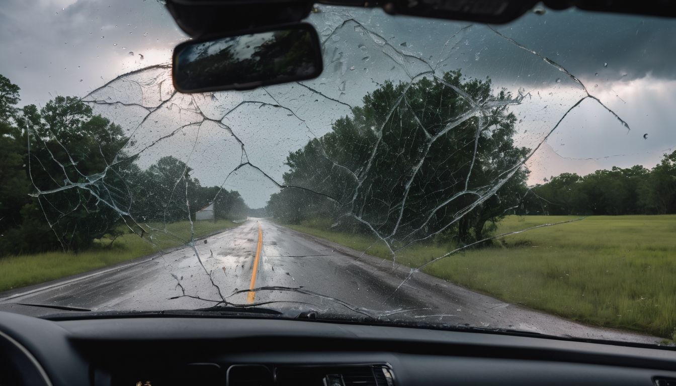 A cracked windshield with hail damage under stormy Texas clouds.