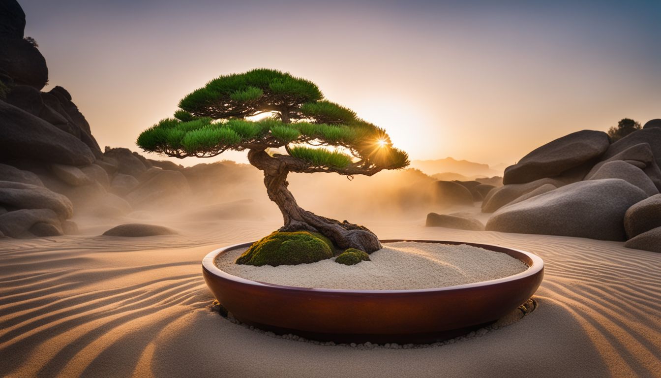 A peaceful Zen garden with a lone bonsai tree and rocks.
