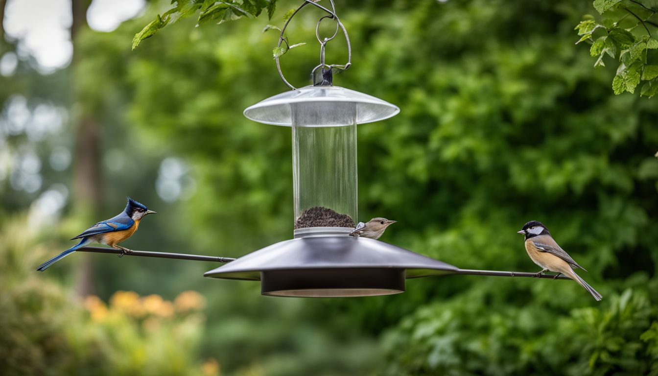 A bird feeder with a stove pipe in a lush garden setting.