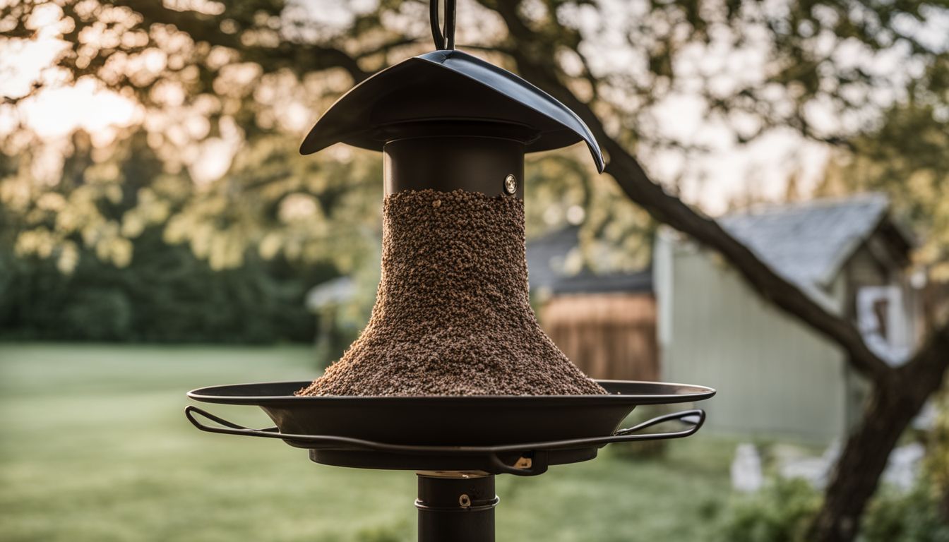A 6 diameter stove pipe cap installed on a bird feeder in a backyard garden.