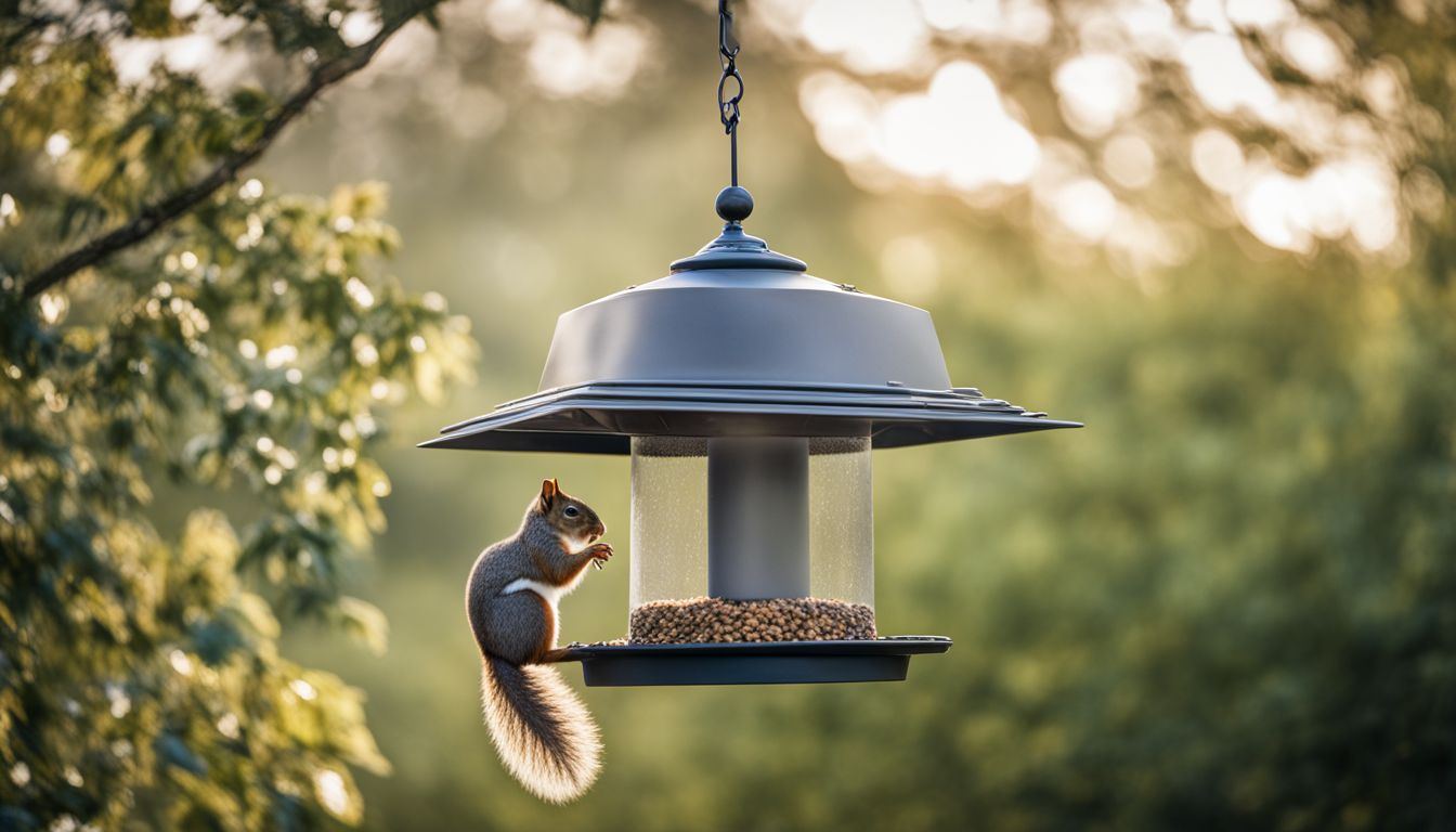 A bird feeder with a squirrel baffle, without human presence.