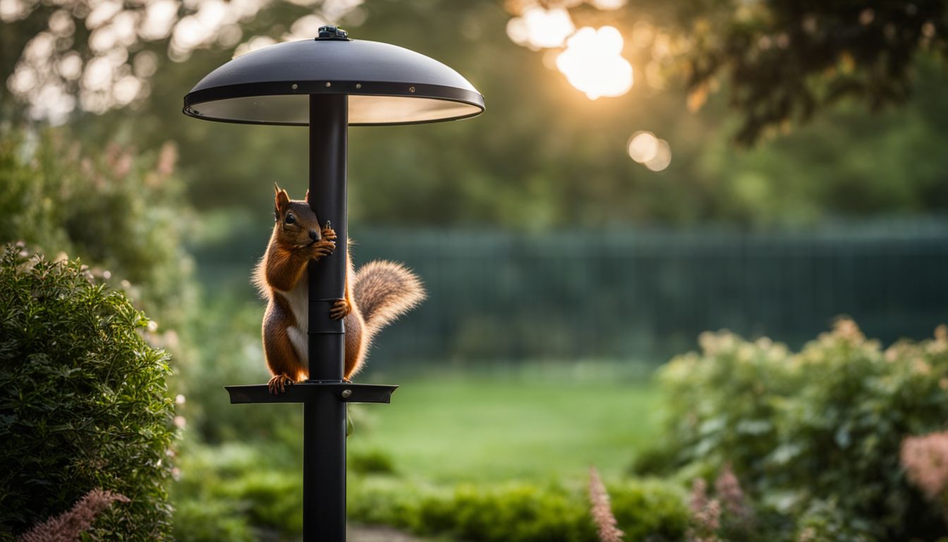 A squirrel deflector mounted in a lush garden.