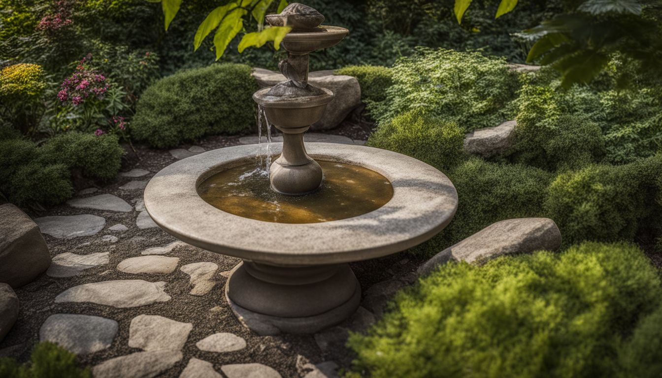 A birdbath surrounded by smooth rocks in a garden.
