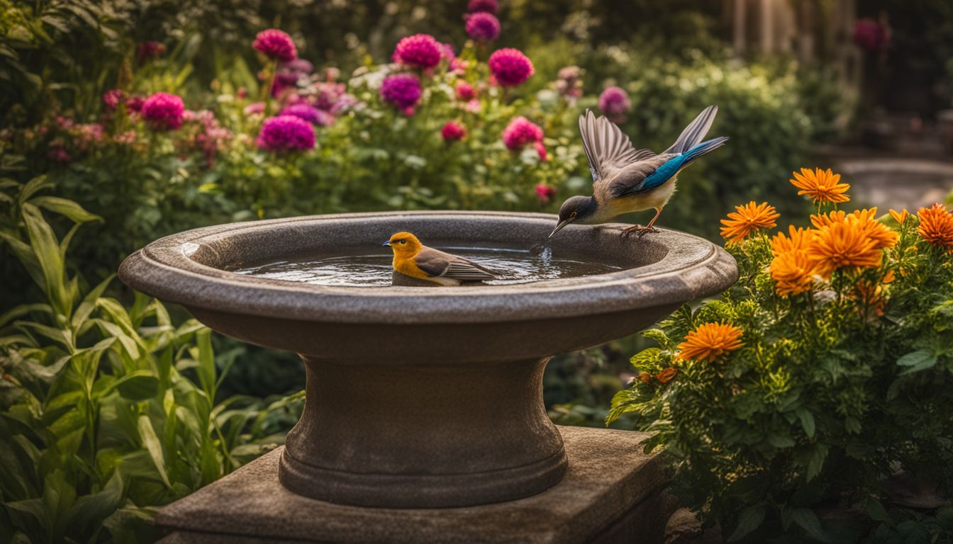 A bird bath surrounded by colorful flowers and greenery.
