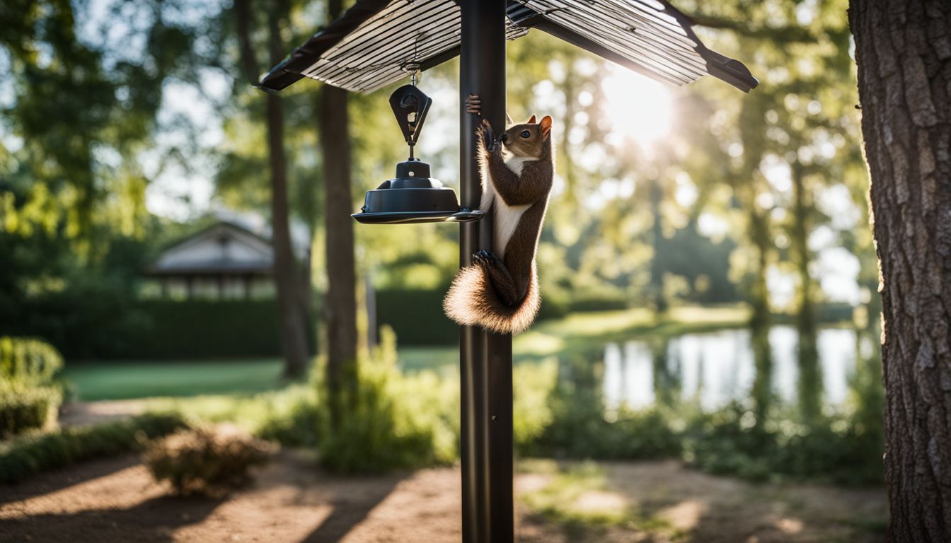 A DIY squirrel baffle on a bird feeder pole in a lush garden.