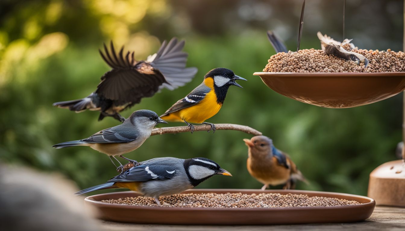 Various birds feeding on high-quality bird seed mix in a lush backyard.