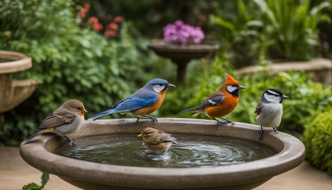 A variety of birds perched on bird baths in a lush garden setting.