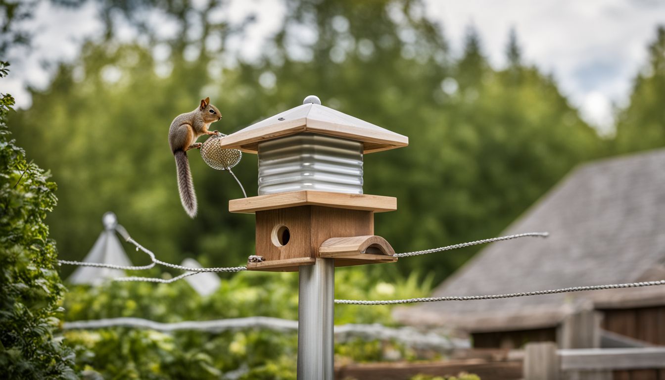 A squirrel baffle attached to a birdhouse pole in a backyard garden.