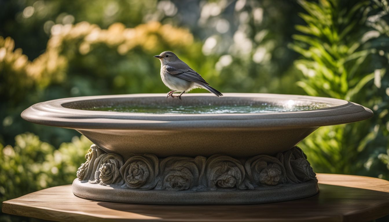 A ceramic bird bath surrounded by lush greenery in nature.