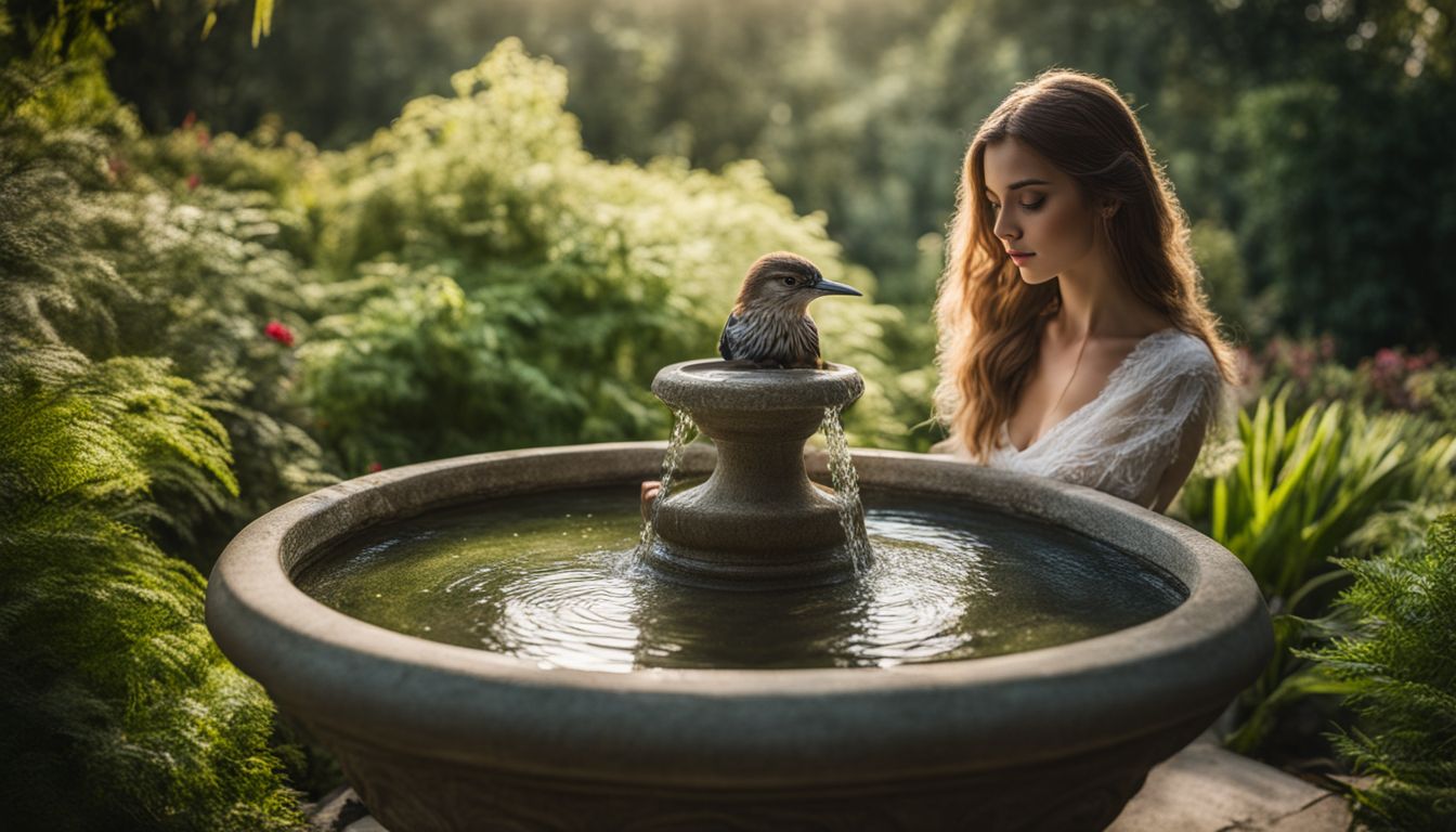 A serene birdbath surrounded by lush greenery in a bustling atmosphere.