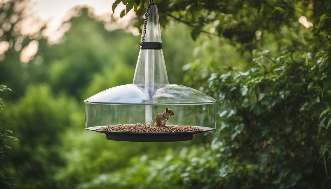 A hanging bird feeder with a clear squirrel baffle in lush surroundings.