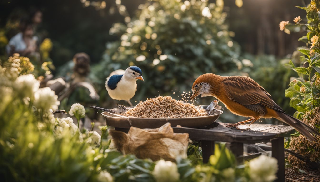 A variety of birds feeding in a vibrant backyard garden scene.
