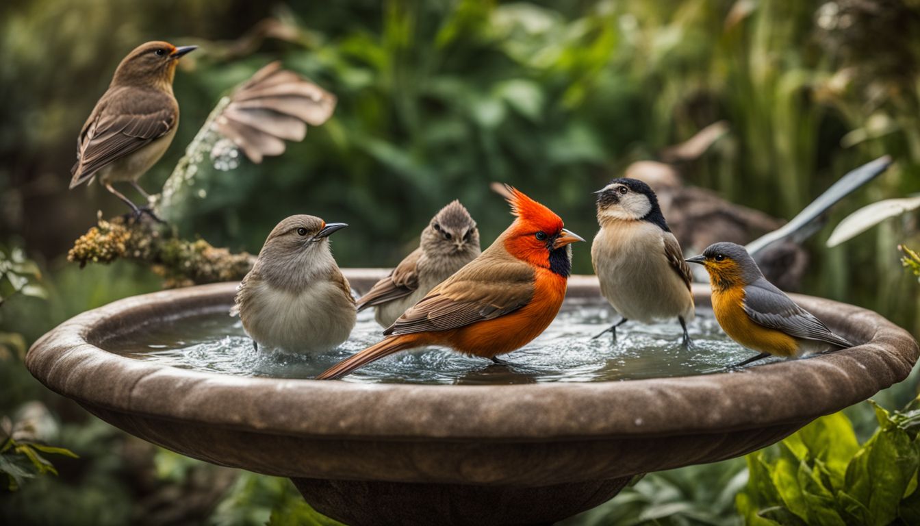 Various bird species enjoying a bird bath in a lush garden.