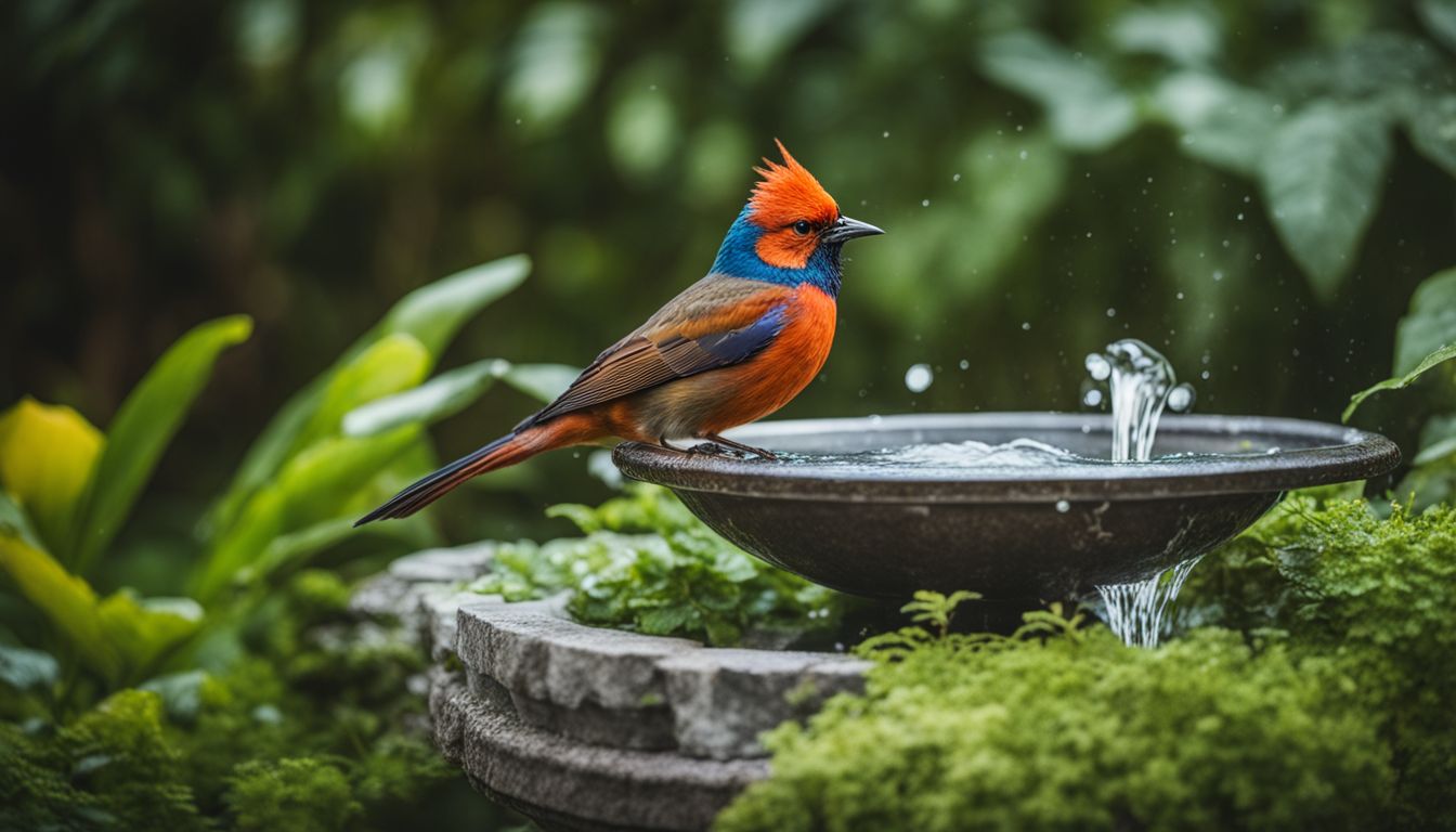 A colorful bird taking a bath in a stone birdbath surrounded by lush greenery.