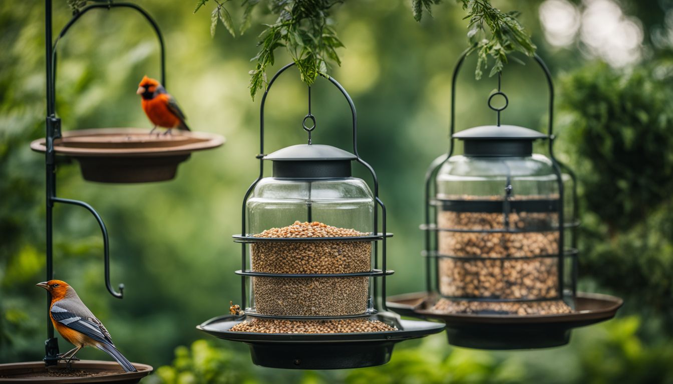 A variety of bird feeders surrounded by lush greenery in nature.