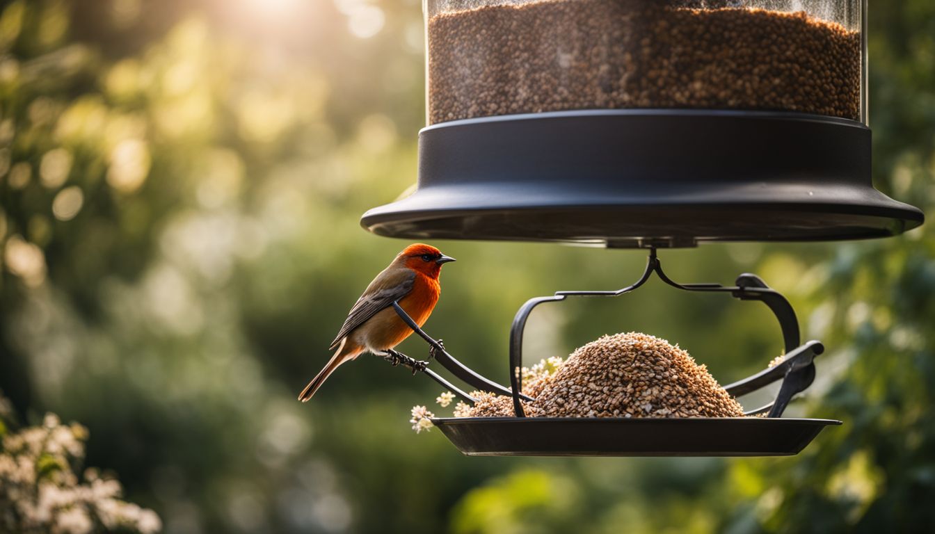 A well-maintained backyard garden with a bird feeder attracting various bird species.