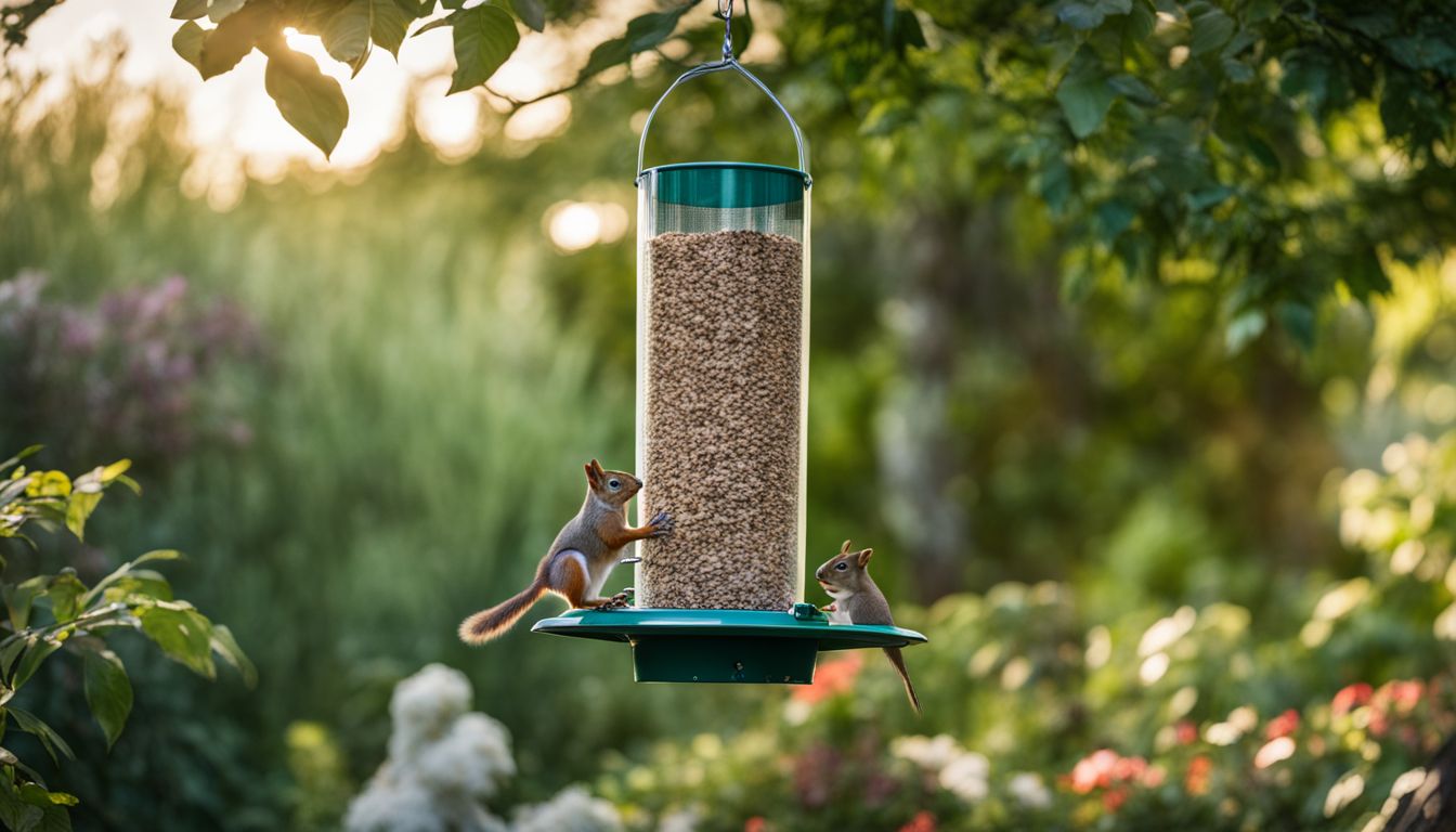 A bird feeder with built-in squirrel baffle in a lush garden.