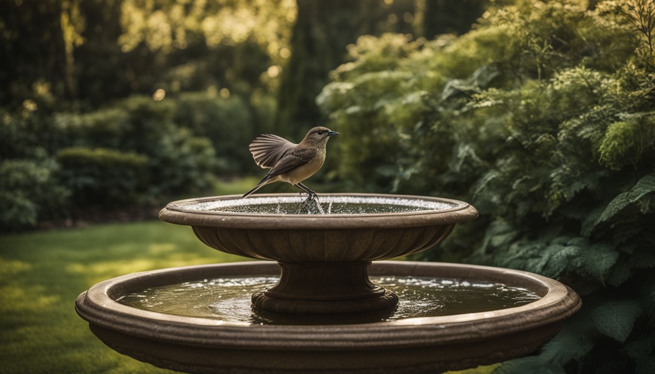 A classic bird bath surrounded by lush greenery in a bustling atmosphere.