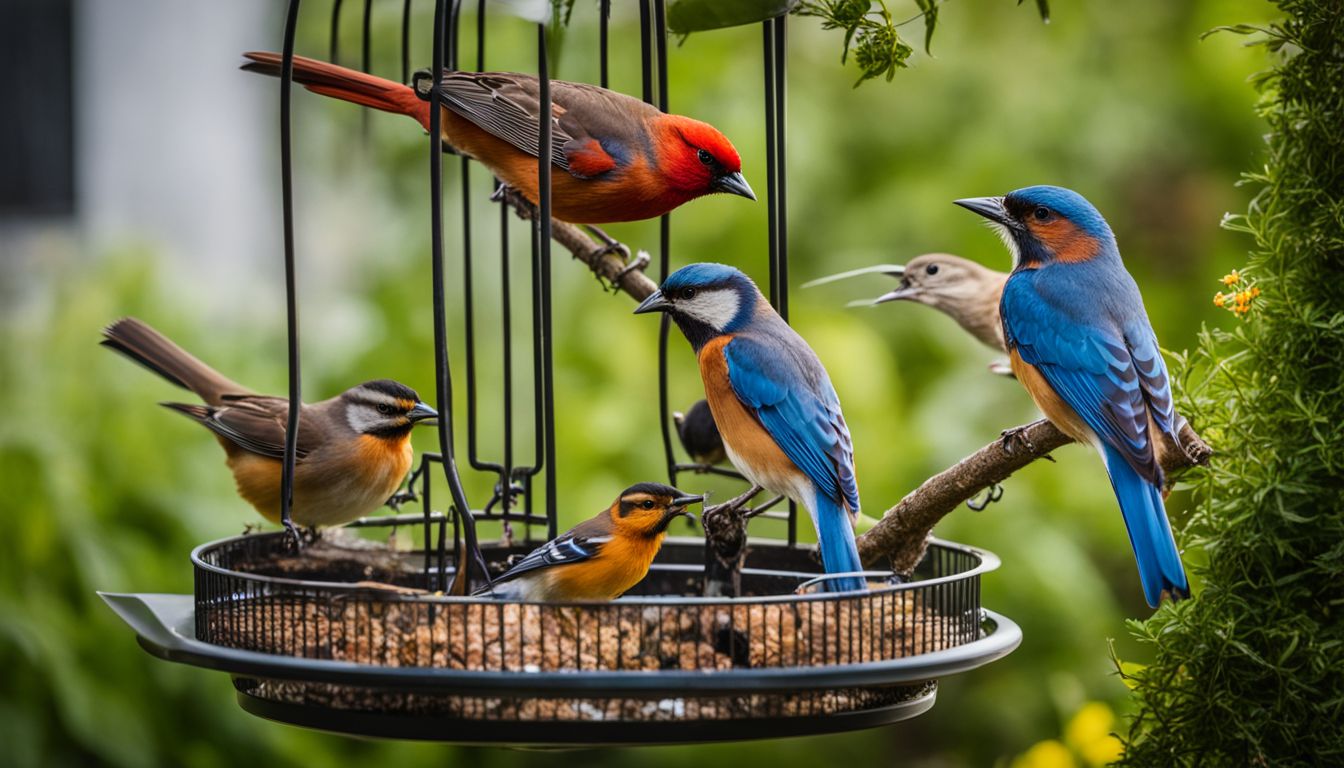 Birds feeding in a lush garden with bustling atmosphere.