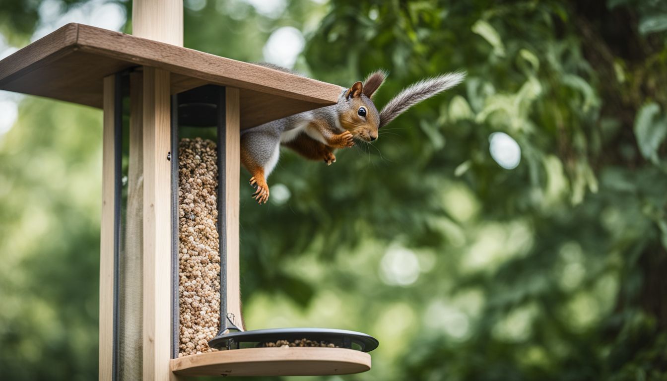 A squirrel attempting to climb a baffle on a bird feeder pole.