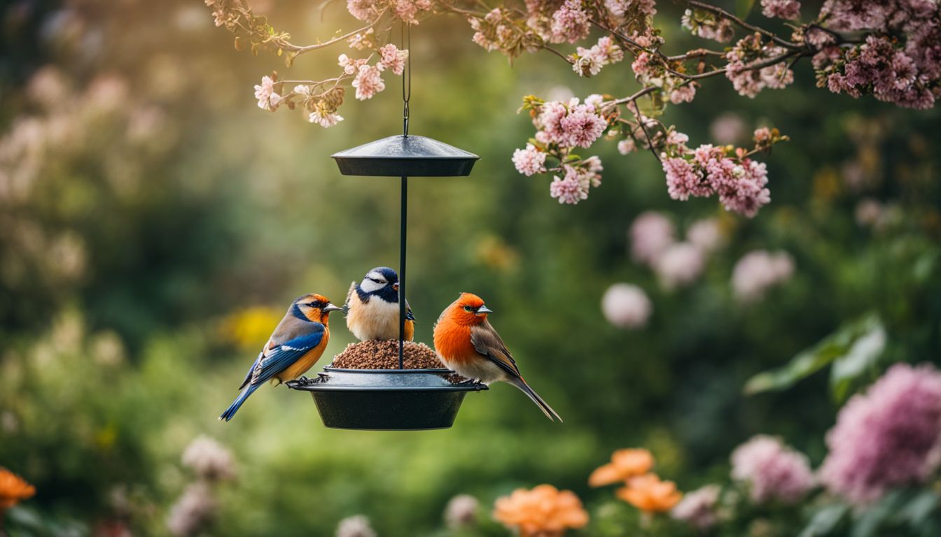 Colorful birds enjoy a bird feeder in a blooming garden.