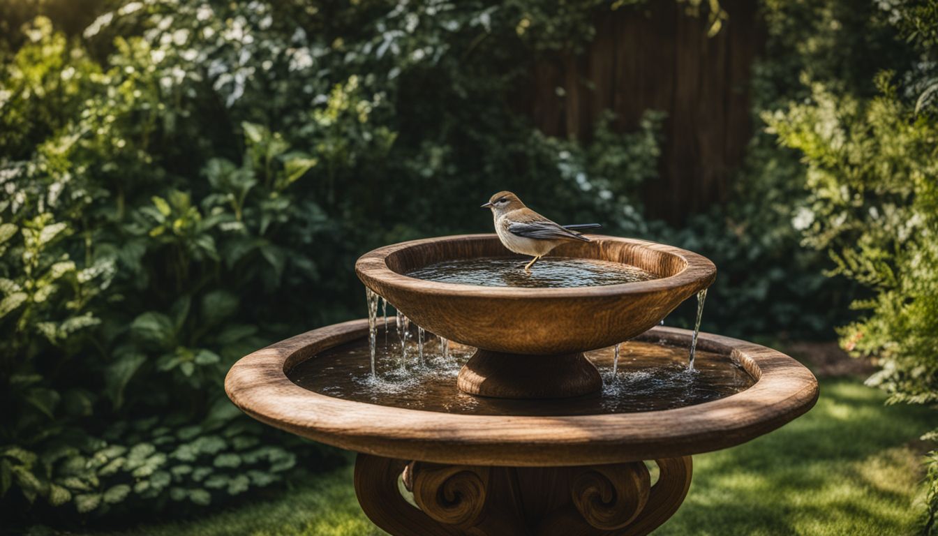 A DIY bird bath in a vibrant garden setting.