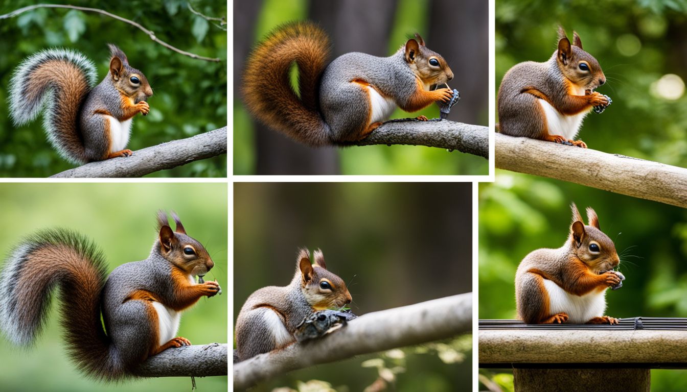 A variety of squirrel baffles are showcased in a garden setting.