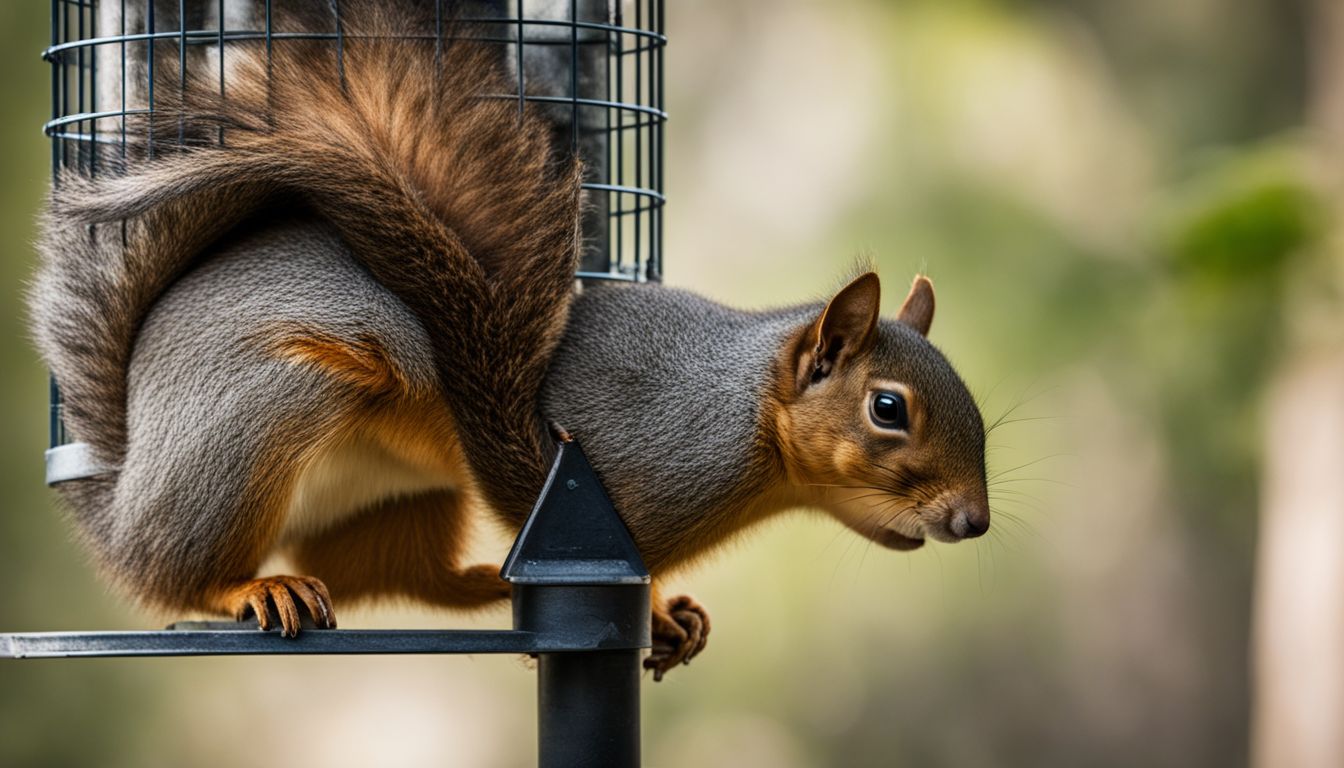 A mischievous squirrel attempting to reach a bird feeder.
