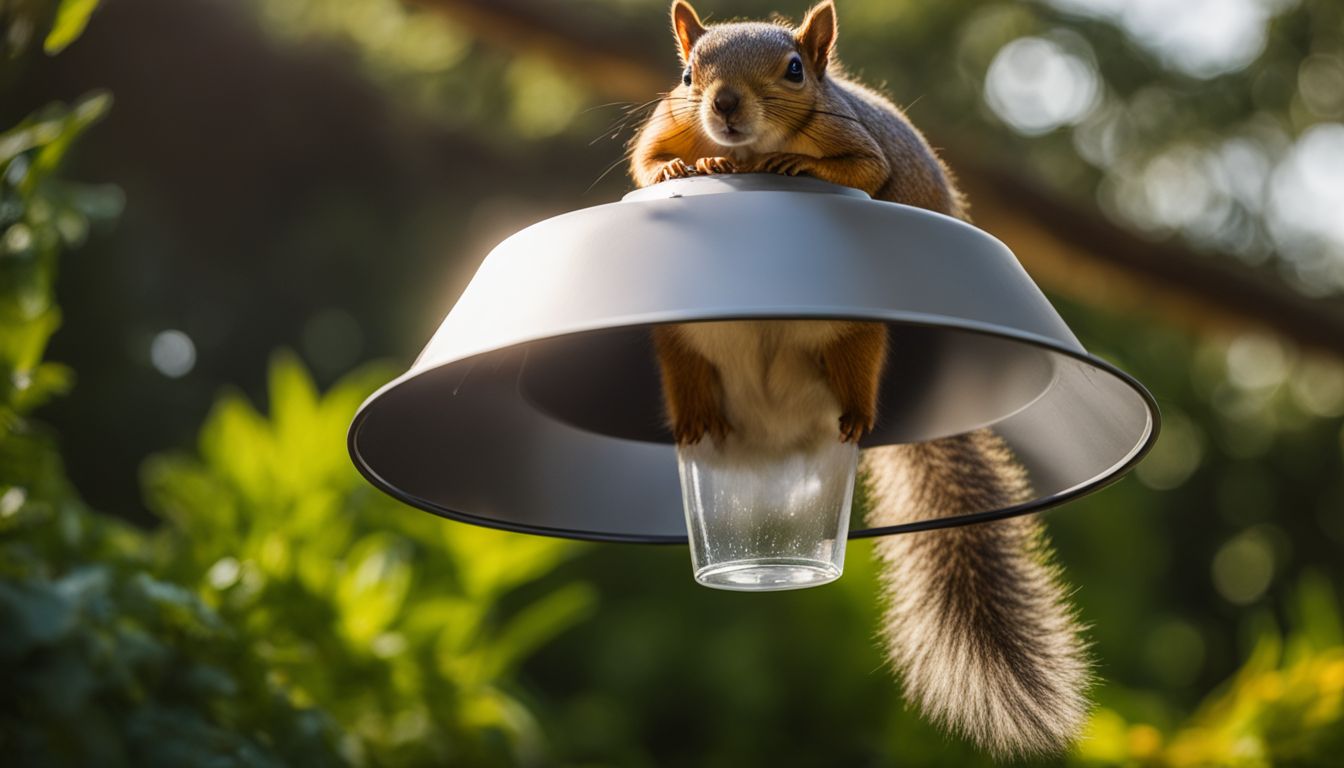 A DIY squirrel baffle hanging in a lush garden without any human presence.