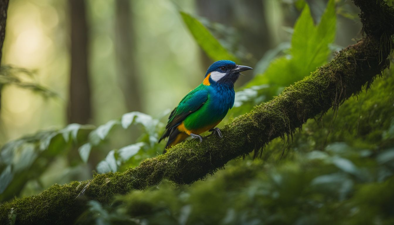 A diverse array of colorful birds in a vibrant forest setting.