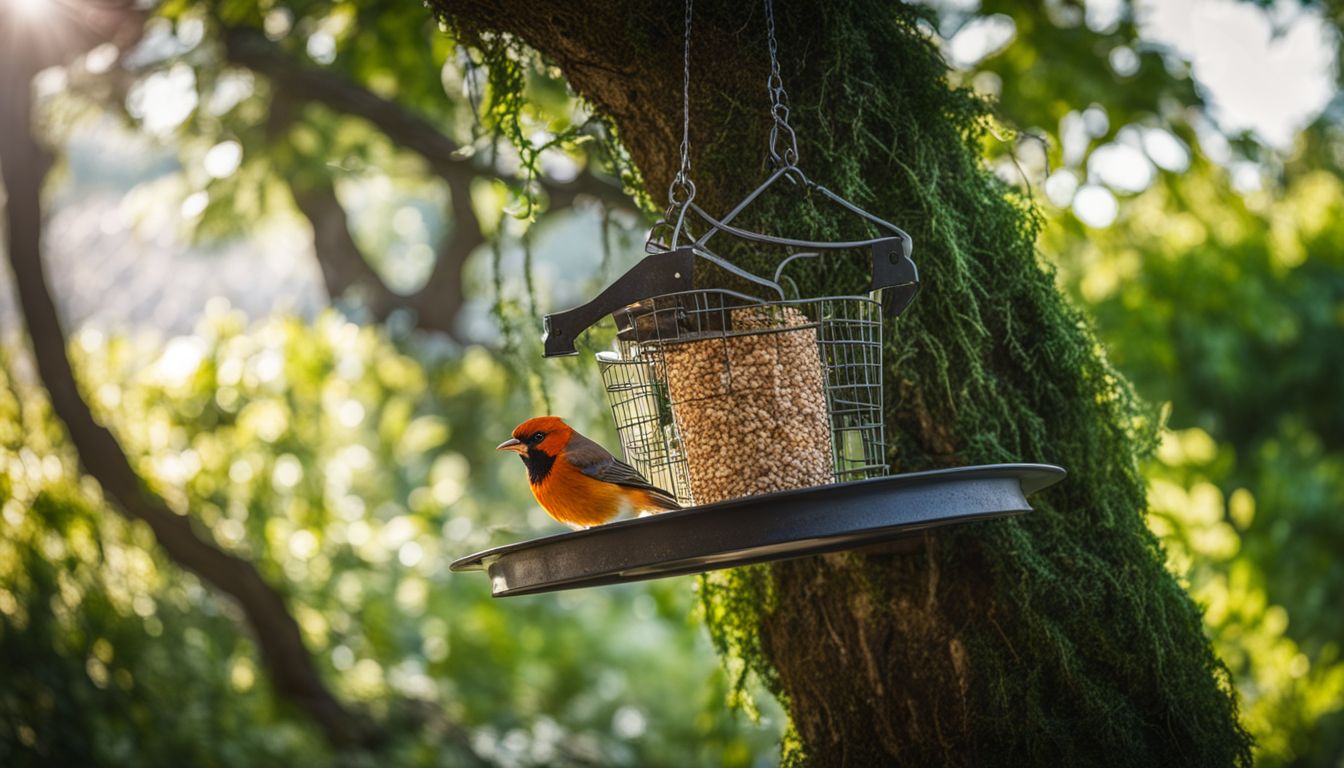 A bird feeder in a lush backyard with a bustling atmosphere.