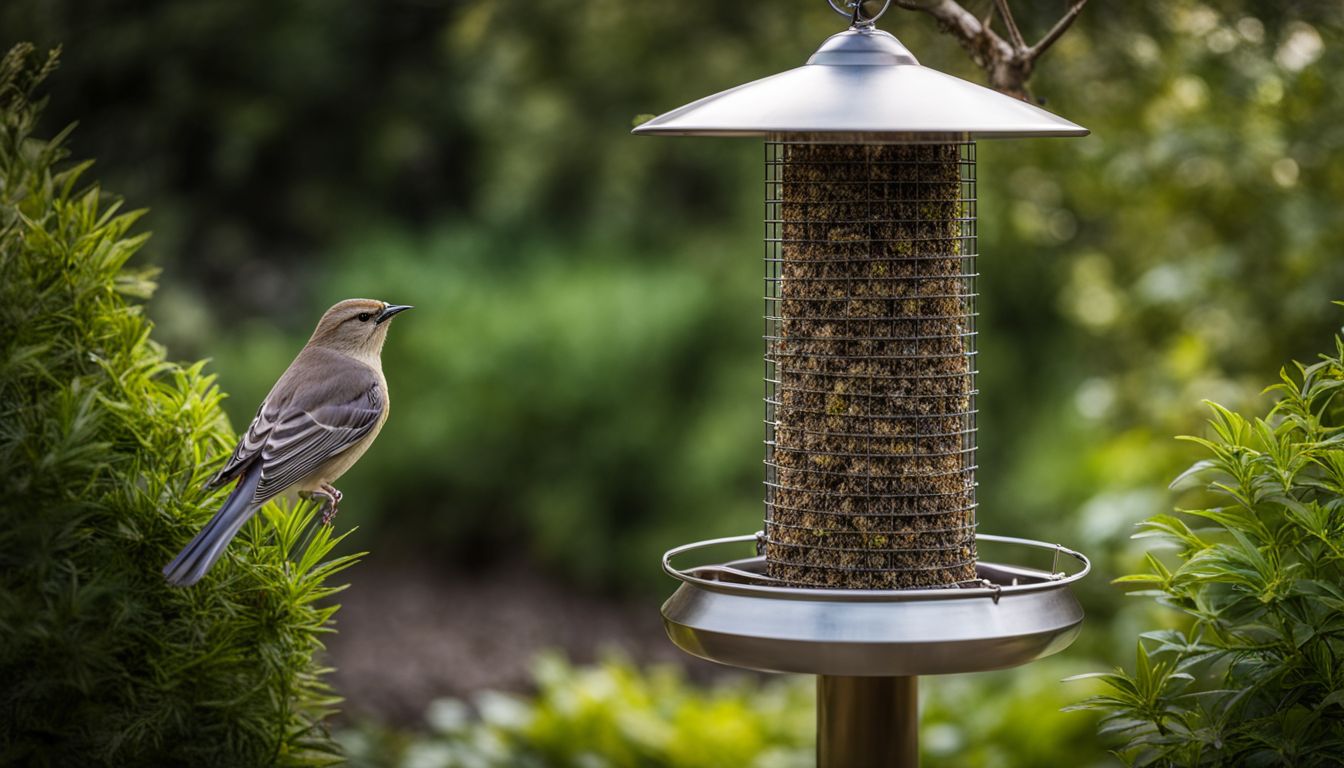 A metal baffle surrounds a bird feeder in a lush garden.