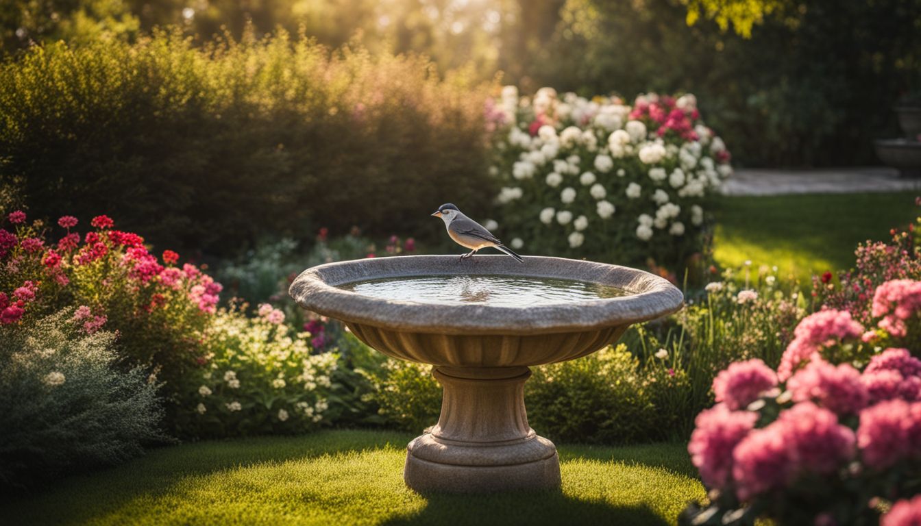 A homemade bird bath surrounded by colorful flowers in a garden.