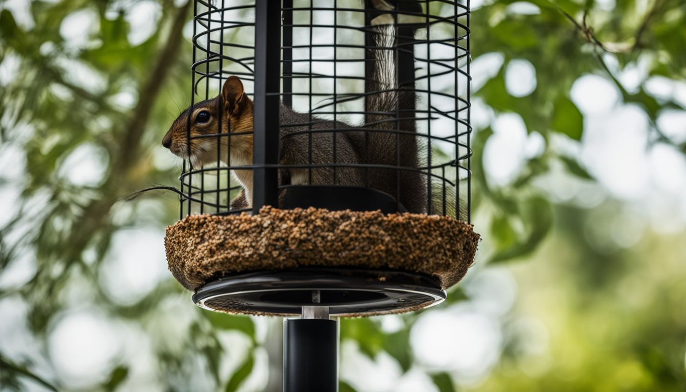 A DIY squirrel baffle hanging from a bird feeder pole in a backyard garden.