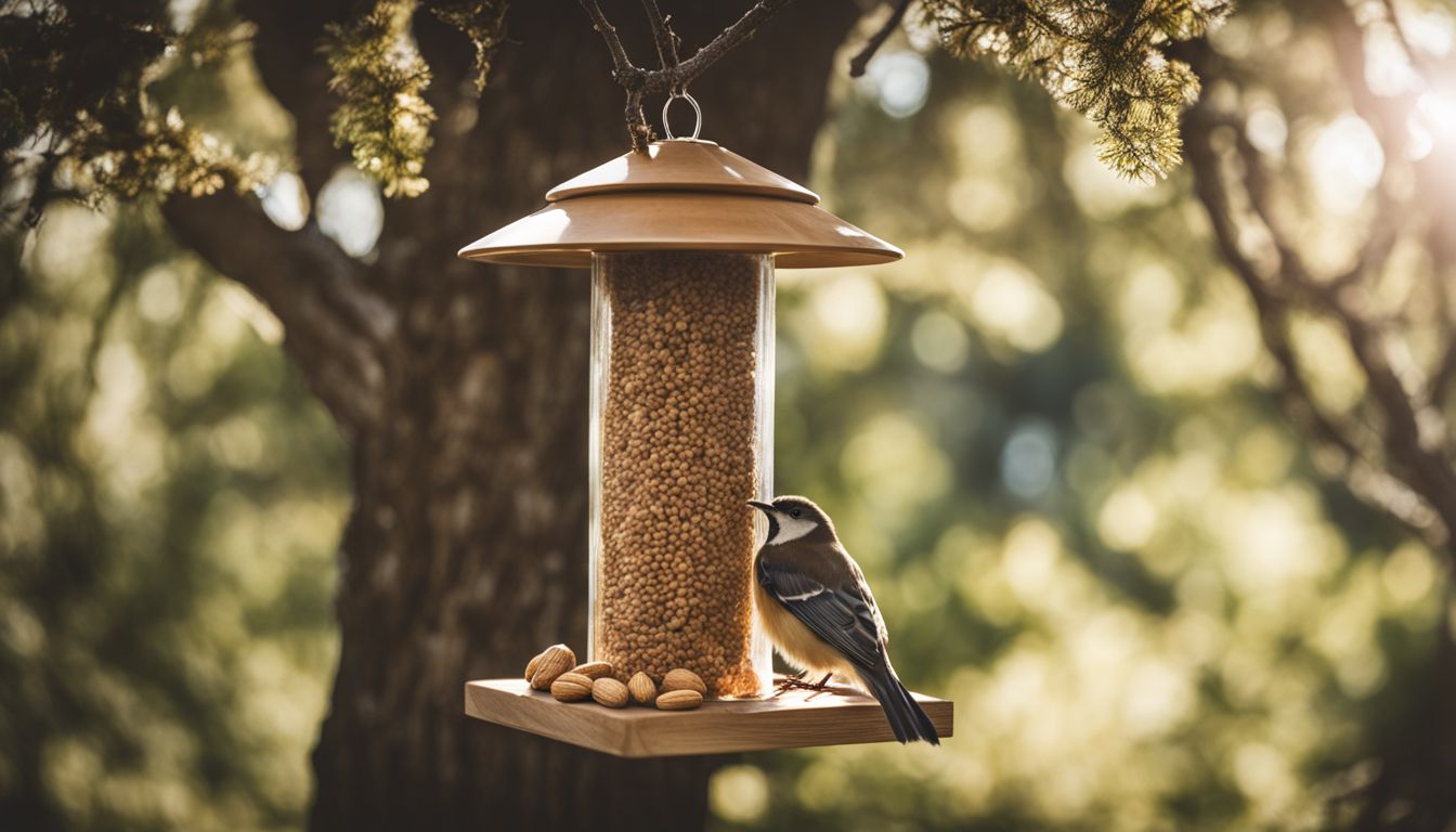 A wooden bird feeder with peanut butter on a tree branch.