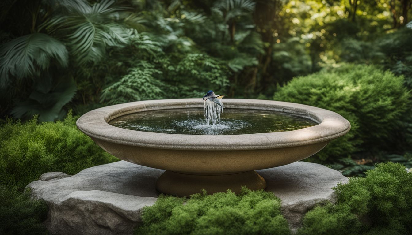 A stone bird bath surrounded by lush greenery in a bustling atmosphere.