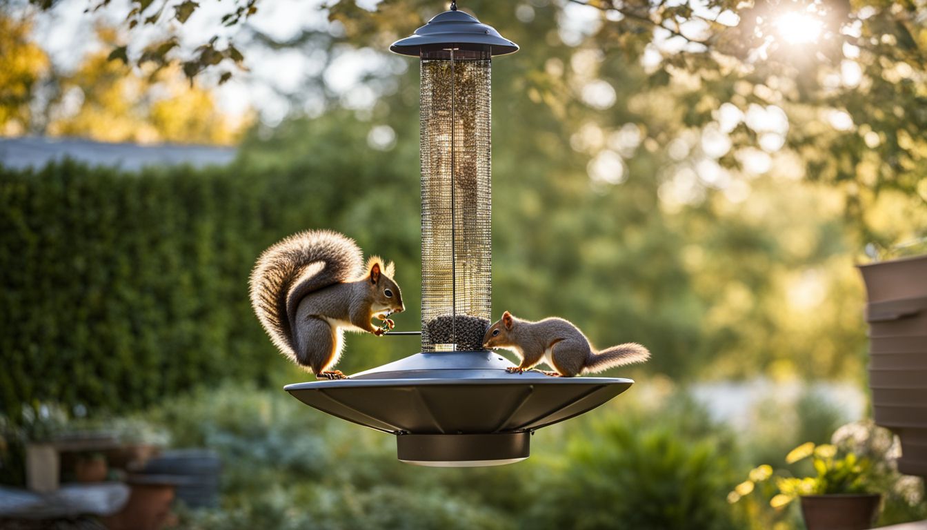 A DIY squirrel baffle on a bird feeder in a backyard garden.